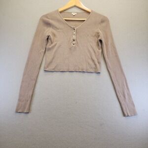 Garage Ribbed Henley Crop Top Long Sleeve Tan Taupe Neutral Snap Button Large